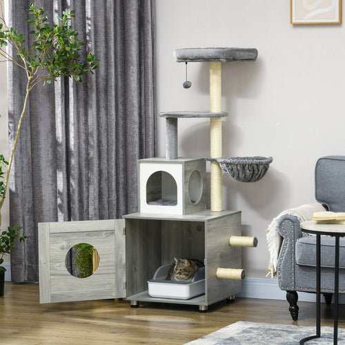 Enclosed Cat Litter Box with Cat House, Cat Bed, Scratching Posts, Platforms for Indoor Cats Use, Grey-1