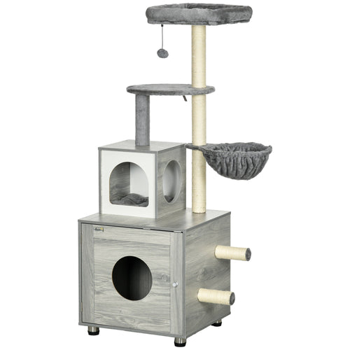 Enclosed Cat Litter Box with Cat House, Cat Bed, Scratching Posts, Platforms for Indoor Cats Use, Grey-0